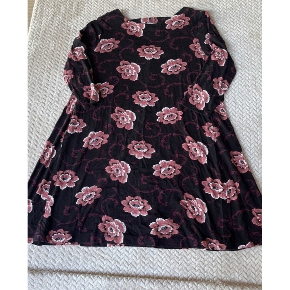 LOFT Outlet Floral V-Neck A-Line Dress Black Pink Long Sleeve Size L